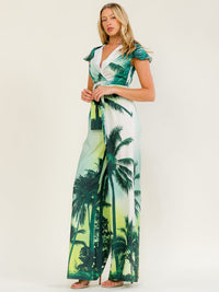 WOMEN'S SHORT SLEEVE V-NECK ELASTIC WAIST SELF TIE MULTI PRINT WIDE LEG JUMPSUIT