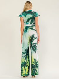 WOMEN'S SHORT SLEEVE V-NECK ELASTIC WAIST SELF TIE MULTI PRINT WIDE LEG JUMPSUIT