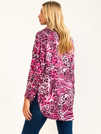 WOMEN'S LONG SLEEVE BUTTON UP HIGH-LOW ANIMAL PRINT BLOUSE
