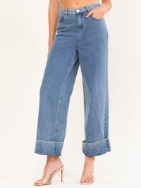 WOMEN'S BUTTON CLOSURE POCKETS WIDE LEG DENIM FLORAL DETAILED PANTS