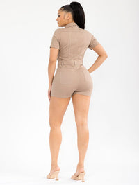 WOMEN'S SHORT SLEEVE BUTTON UP POCKETS STRETCH DENIM ROMPER