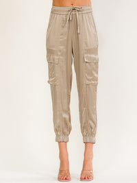 WOMEN'S ELASTIC WAIST CARGO POCKETS JOGGER LEG PANTS