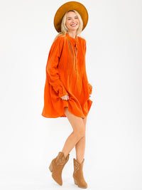 WOMEN'S LONG SLEEVE V-NECK BUTTON UP LOOSE FIT MINI DRESS