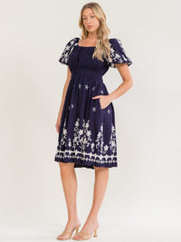 WOMEN'S SHORT PUFF SLEEVE FRONT POCKETS ELASTIC WAIST EMBROIDERY FLORAL MINI DRESS