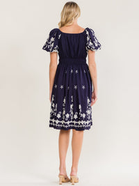 WOMEN'S SHORT PUFF SLEEVE FRONT POCKETS ELASTIC WAIST EMBROIDERY FLORAL MINI DRESS