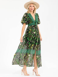 WOMEN'S SHORT PUFF SLEEVES V-NECK TIERED SLIT FLORAL PRINT MAXI DRESS
