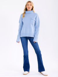 WOMEN'S LONG SLEEVE TURTLE NECK FRONT POCKET RIBBED PULLOVER SWEATER