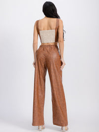 WOMEN'S SLEEVELESS CROP TOP & BUTTON CLOSURE PU PLEATHER 2PC SET.