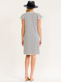 WOMEN'S SHORT SLEEVE FRONT POCKETS COLORBLOCK STRIPES MIDI DRESS