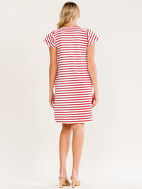 WOMEN'S SHORT SLEEVE FRONT POCKETS COLORBLOCK STRIPES MIDI DRESS