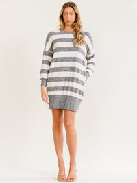WOMEN'S LONG SLEEVE FRONT POCKETS COLORBLOCK STRIPES SWEATER MINI DRESS
