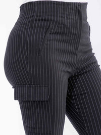PLUS SIZE BUTTON CLOSURE CARGO POCKETS SKINNY LEG STRIPES PANTS