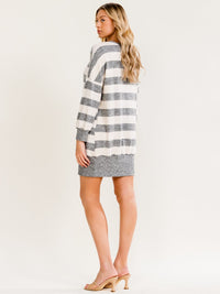 WOMEN'S LONG SLEEVE FRONT POCKETS COLORBLOCK STRIPES SWEATER MINI DRESS