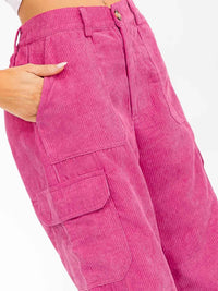 WOMEN'S BUTTON CLOSURE CARGO POCKETS WIDE LEG CORDUROY PANTS