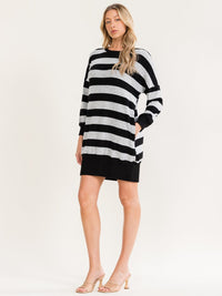 WOMEN'S LONG SLEEVE FRONT POCKETS COLORBLOCK STRIPES SWEATER MINI DRESS