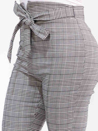 PLUS SIZE ZIPPER CLOSURE SELF TIE SKINNY LEG PLAID PANTS