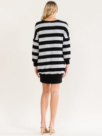 WOMEN'S LONG SLEEVE FRONT POCKETS COLORBLOCK STRIPES SWEATER MINI DRESS