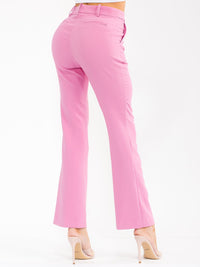 WOMEN'S BUTTON CLOSURE FRONT POCKET STRETCH WIDE LEG PANTS