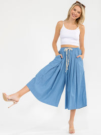 WOMEN'S ELASTIC WAIST FRONT POCKETS WIDE LEG PALAZZO DENIM BERMUDA