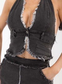 WOMEN'S HALTER NECK CROP TOP & ZIP UP MINI SKIRT STRETCH DENIM 2PC. SET
