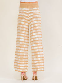 WOMEN'S ELASTIC WAIST SELF TIE COLORBLOCK WIDE LEG KNIT PANTS