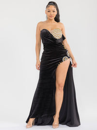 WOMEN'S SLEEVELESS FRONT SLIT SEQUINS VELVET BODYCON MAXI DRESS