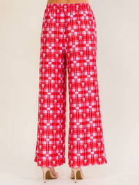 WOMEN'S ELASTIC WAIST SELF TIE COLORBLOCK BOW PRINT WIDE LEG PANTS