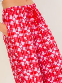 WOMEN'S ELASTIC WAIST SELF TIE COLORBLOCK BOW PRINT WIDE LEG PANTS