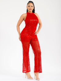 WOMEN'S SLEEVELESS HALTER NECK SEQUINS WIDE LEG JUMPSUIT