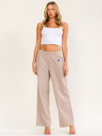 WOMEN'S ELASTIC WAIST FRONT POCKETS USA FLAG EMBROIDERY WIDE LEG PANTS