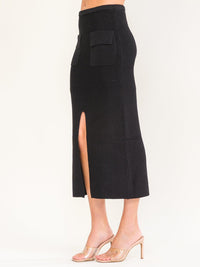 WOMEN'S ELASTIC WAIST FRONT SLIT POCKETS KNIT MAXI SKIRT