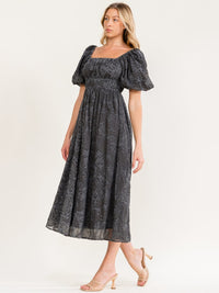 WOMEN'S SHORT PUFF SLEEVE FRONT POCKETS ELASTIC WAIST FLORAL PRINT MAXI DRESS