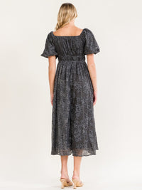WOMEN'S SHORT PUFF SLEEVE FRONT POCKETS ELASTIC WAIST FLORAL PRINT MAXI DRESS