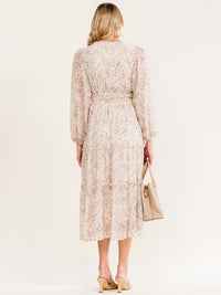 WOMEN'S LONG SLEEVE V-NECK BUTTON UP ELASTIC WAIST TIERED FLORAL PRINT MAXI DRESS