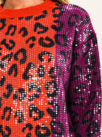 WOMEN'S LONG SLEEVE COLORBLOCK ANIMAL PRINT SEQUINS PULLOVER SWEATER