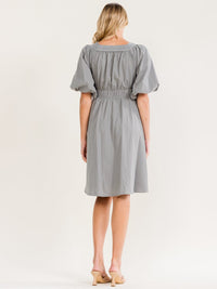WOMEN'S SHORT PUFF SLEEVE FRONT POCKETS ELASTIC WAIST MINI DRESS