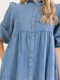 WOMEN'S SHORT SLEEVE BUTTON UP FRONT POCKETS TIERED DENIM MIDI DRESS