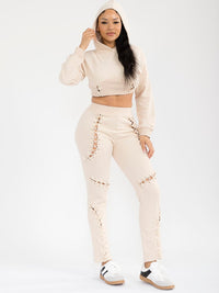 WOMEN'S LONG SLEEVE TOP & ELASTIC WAIST PANTS CUT OUT DETAILED 2PC. SET