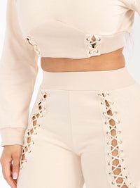WOMEN'S LONG SLEEVE TOP & ELASTIC WAIST PANTS CUT OUT DETAILED 2PC. SET