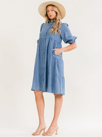 WOMEN'S SHORT SLEEVE BUTTON UP FRONT POCKETS TIERED DENIM MIDI DRESS