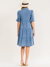 WOMEN'S SHORT SLEEVE BUTTON UP FRONT POCKETS TIERED DENIM MIDI DRESS