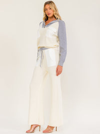 WOMEN'S ELASTIC WAIST SELF TIE FRONT POCKETS COLORBLOCK WIDE LEG KNIT PANTS