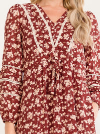 WOMEN'S LONG SLEEVE FRONT POCKETS V-NECK ELASTIC WAIST FLORAL PRINT MAXI DRESS