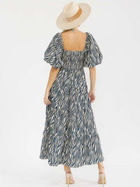 WOMEN'S SHORT PUFF SLEEVES SQUARE NECK SMOCK TIERED ANIMAL PRINT MAXI DRESS