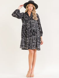 WOMEN'S LONG SLEEVE FRONT POCKETS BUTTON UP FLORAL PRINT MINI DRESS