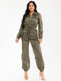 WOMEN'S LONG SLEEVE ZIP UP POCKETS JOGGER JUMPSUIT