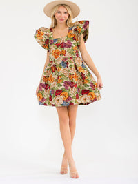 WOMEN'S RUFFLE SLEEVES SQUARE NECK FLORAL PRINT MINI DRESS