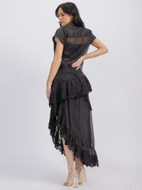 WOMEN'S SHORT SLEEVE BLOUSE & RUFFLE HIGH-LOW MAXI SKIRT 2PC SET.