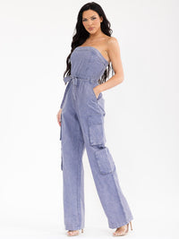 WOMEN'S SLEEVELESS CARGO POCKETS DENIM WIDE LEG JUMPSUIT