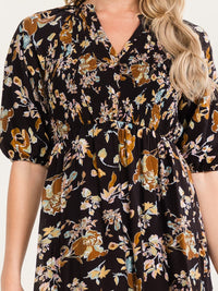WOMEN'S SHORT SLEEVE FRONT POCKETS BUTTON UP ELASTIC WAIST FLORAL PRINT MIDI DRESS